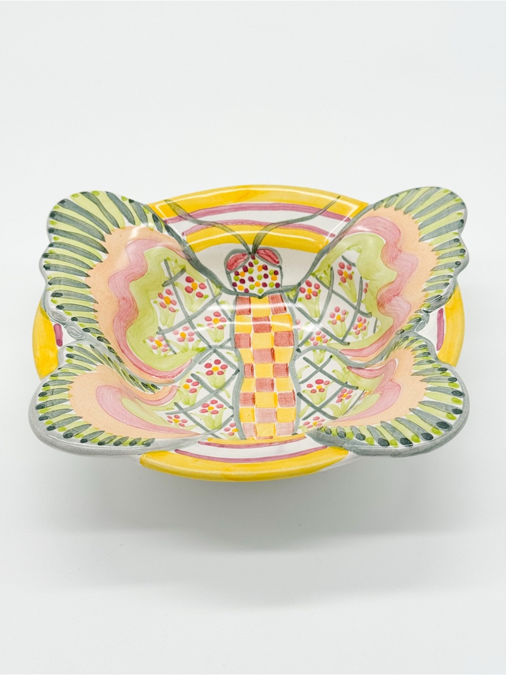 Vintage MacKenzie Childs Butterfly 7.5" Bowl Retired 2003 Yellow Green Check - Picture 4 of 13